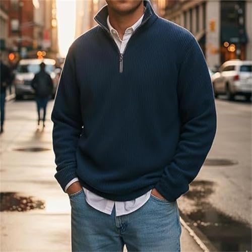 Men's Stylish Quarter-Zip Corduroy Ribbed Polo Sweatshirt, Mock Neck Knit Long Sleeve Sweater4