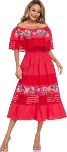 Image of YZXDORWJ Women Embroidered Mexican Peasant Casual Sexy Lace Off-Shoulder Long Dress