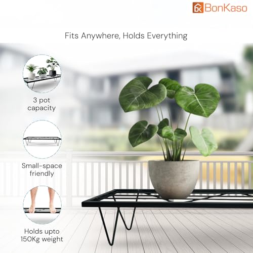 Image of BonKaso Heavy Duty Rectangle Plant Stand: 60.9X 20.3 x 12.7 cm, Black - Set of 4, Modern Design for Indoor & Outdoor Use, Sturdy, Anti-Rust Planter Stand for Garden, Balcony, Patio