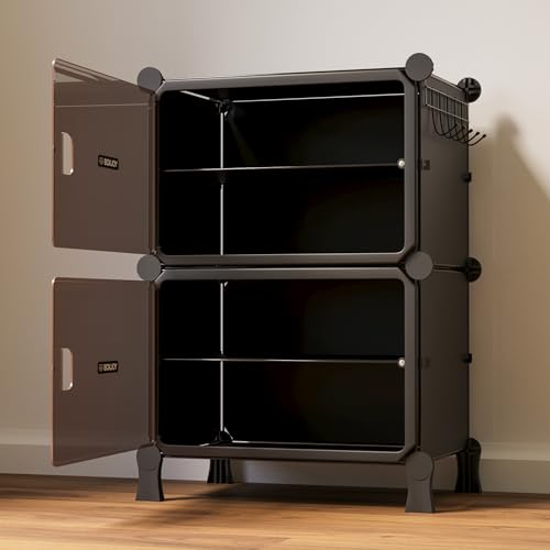 Image of BOXJOY 4 Shelf File Cabinet for Home and Office Black Rack with 2 Brown Doors Hard PET Plastic Drawer Cabinet with Metal Frame Multipurpose File Document Storage and Stationery Organizer