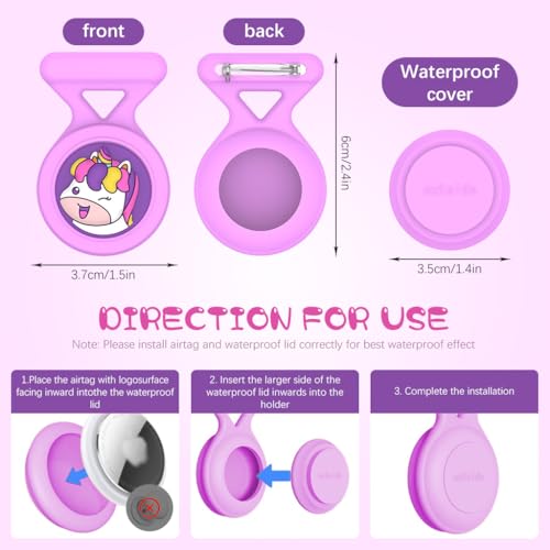 Image of ZORBES Waterproof AirTag Holder Cartoon Unicorn Purple Brooch Pin AirTag Holder Silicone Waterproof Anti-Lost Brooch Pin for Kids,Luggage,Bag Backpack