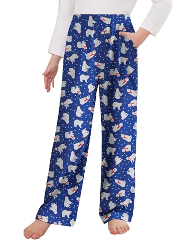 Arshiner Pajama Pants for Girls Long Sleep Plaid Pants Soft Lounge Pj Bottoms with Pockets Blue Christmas Polar Bear 11-12 Years