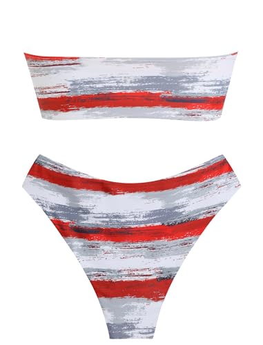 Image of ZAFUL Women's High Cut Bandeau Bikini Set Strapless Solid Color 2 Pieces Bathing Suit Swimsuit