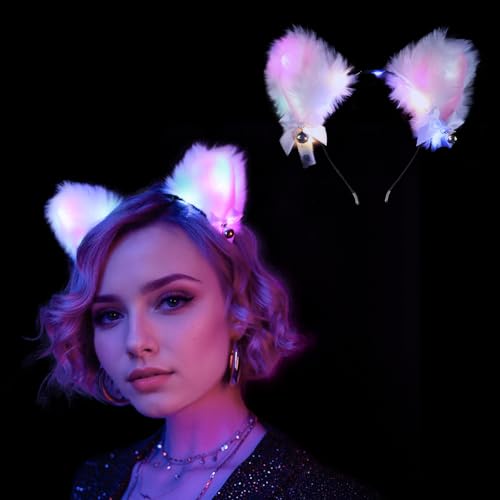 YBHOMINE Cute Light Up Furry Fox Cat Bunny Ears Headband for Cosplay Costume Party Night Clubs Raves and Halloween (FoxA)