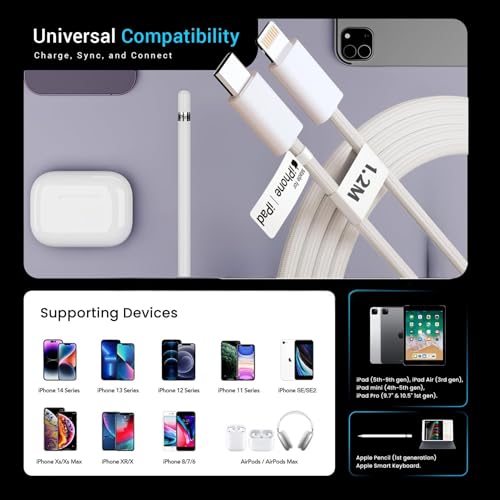 Image of 27W Type-C to Lightiing 8 Pin Nylon Braided Cable,1.2M Fast Charger Cable for iPhone 14 /13 /12 /11 /X /XS /XR /8 /Plus, iPad Mini /Pro /Max, USB Type-C Power Delivery Cord,1.2M, White