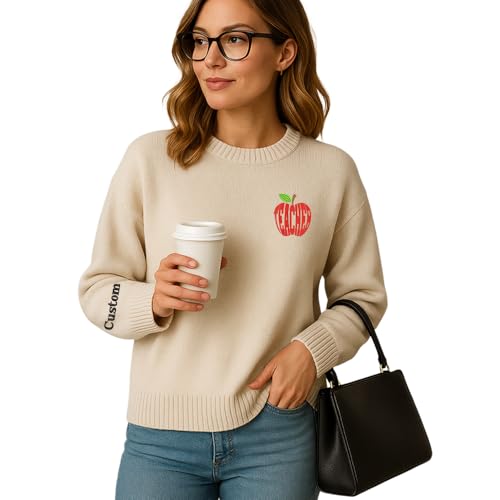 Personalized Teacher Embroidered Sweater, Custom Name Apple Design, Unisex Knit Pullover for Teachers2