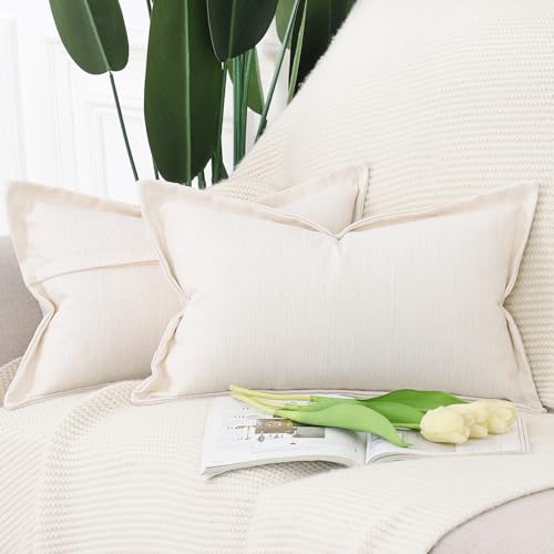 Madizz 2 Pezzi Poliestere Lino Copricuscini con bordo largo Morbido Decorativo Fodere per Cuscino Lusso Stile per Divano Camera da Letto 30x50 cm Avorio