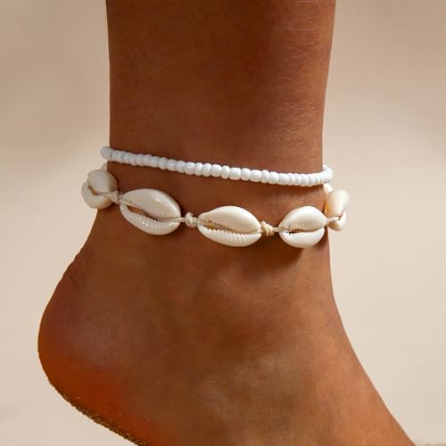 Image of Qceasiy Bead Ankle Bracelets Set For Women, Adjustable Gold Plated Boho Shell Anklet, Hawaiian Beach Seashell Pearl Disc Starfish Conch Foot Jewelry, Summer Fashion Gifts