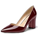 MODENCOCO Women's Burgundy High Heel Pointed Toe Cut Out Patent Block 3.5 Inch Slip On Pumps Shoes Size 7 - Zapatos de Mujer de Tacon Bajo Elegantes para Fiesta
