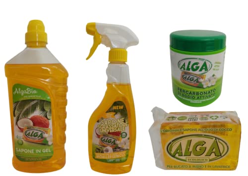 Box Alga Bio - 1 jabón de gel de 1250 ml-1 desengrasante universal-1 jabón sólido-1 percarbonato de sodio activado (4 piezas) Box Alga Bio - 1 jabón de gel de 1250 ml-1 desengrasante universal-1 jabón sólido-1 percarbonato de sodio activado (4 piezas)