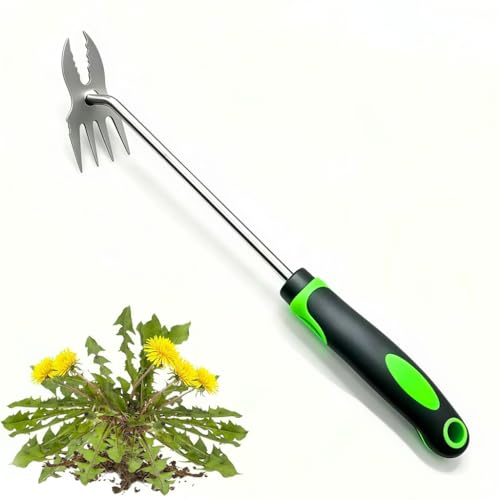 Image of ORTIZA Gardening Hand Weeder Soil Tool, 4-Tine Stainless Steel Manual Weed Remover Tool for Garden Lawn Yard, Gardening Tool Weed Puller for Removing Deep Roots, Dandelions & Weeds