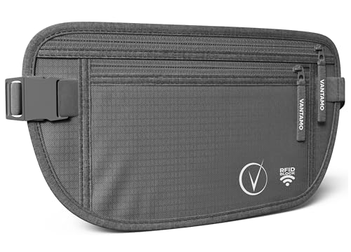 Vantamo Bauchtasche Damen Ultraflach mit RFID-Schutz, Geldgürtel für Reisen mit 2 Fächer und Verstellbarem Gurt, Hüfttasche Herren für Laufen und Wandern Passt für Reisepass, Bargeld und Telefon
