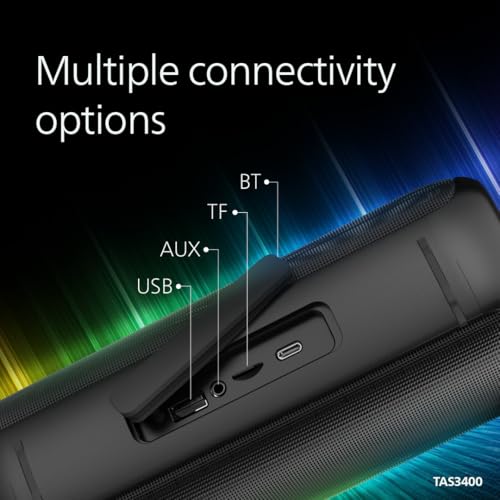 Image of Philips TAS3400BK Portable Bluetooth Speaker with 40W Output, 4000mAh Battery, Stereo Sound, Bluetooth v5.3, IPX5 Sweatproof, RGB Light Modes, Mesh Build, AUX /TF /USB Support w /Hanging Strap (Black)