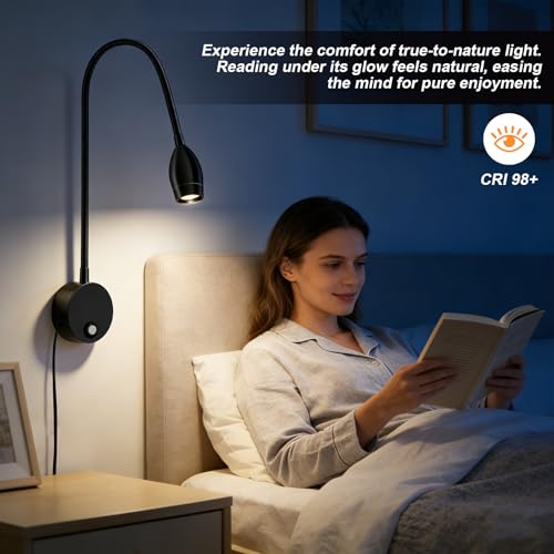 Image of ERAY 1 Pack Plug-in LED Wall Mounted Bedside Reading Light for Bed | Touch Control, 3 Dimmable, 360Flexible Gooseneck Headboard Book Reading Night Lamp Wall Sconce,Eye-Caring, 3000k-6000k