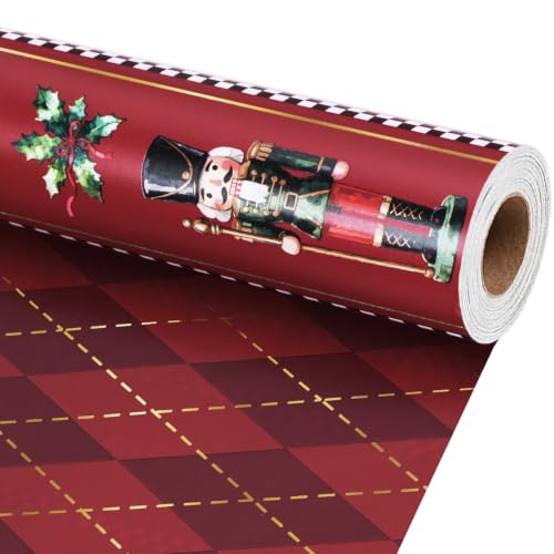 LaRibbons Nutcracker Wrapping Paper Reversible Red Christmas Gift Wrap with Gold Foil Argyle Plaid Back Luxury Holiday Wrapping Paper for Kids Family Gifts & Christmas Party 17 x 33