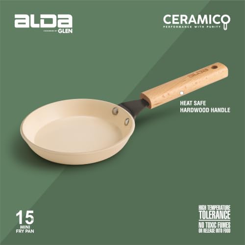 Image of Alda Ceramico Mini Fry Pan 15cm | Non-Stick Ceramic Coating | Heat Resistant Wooden Handle | Compact Egg Fry Pan for Snacks & Breakfast | Induction & Gas Stove Compatible Cookware