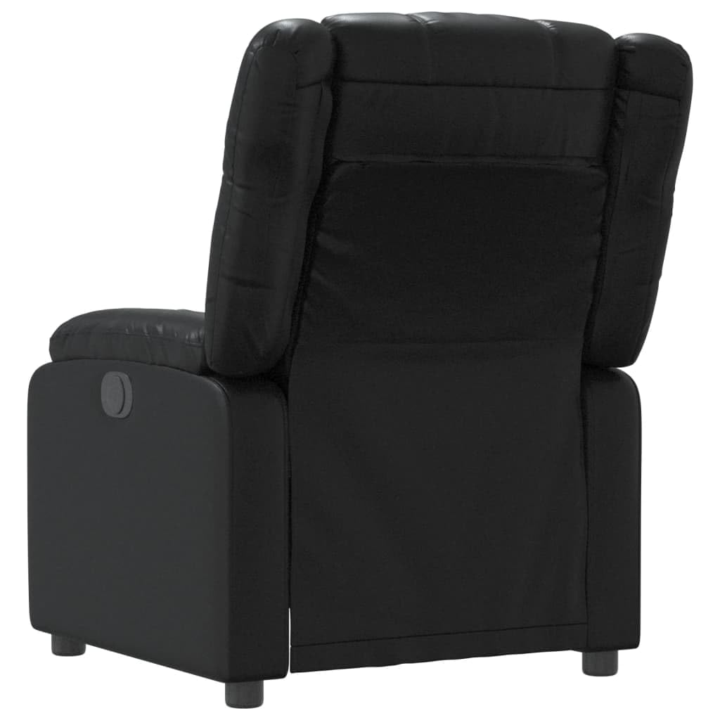 Fotel relaksacyjny, czarny, sztuczna skóra z ręczną funkcją leżenia, regulowane oparcie i podnóżek, stabilna rama drewniana, ergonomiczny, wygodny fotel do salonu, kącika do czytania i biura