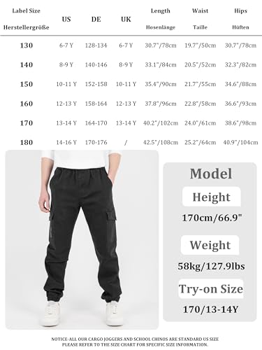 CAMLAKEE Cargohose Jungen Jogginghose Kinder Cargo Hosen Jungs Arbeitshose mit Elastischem Bund Schwarz DE: 170-176 (Herstellergröße 180)