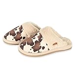C.C Suede Faux Fur Lined House Indoor-Outdoor Slippers Slip-On for Women, Cow Print Beige, 6-8