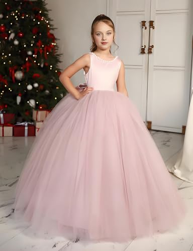 Elegant Satin Tulle Flower Girl Dresses for Wedding V Back Bow-Knot Pearls Princess Pageant Ball Gown4
