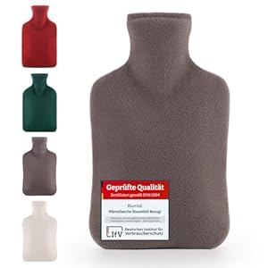Blumtal Premium Wärmflasche mit Bezug aus Polarfleece & Wärmeflasche Naturkautschuk - Wärmflasche Groß weich- Hot Water Bottle 1, 5l auslaufsicher - aufwärmbare Bettflasche Grau