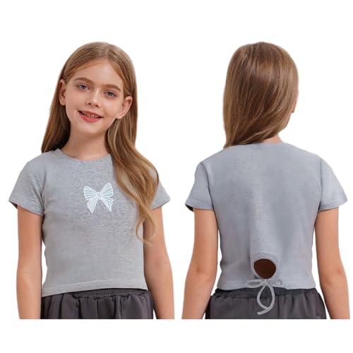 JEYPINMI Cute Crop Top for Kids Girls Summer T-Shirt Round Neck Shirts Bowknot Printed Basic Tees