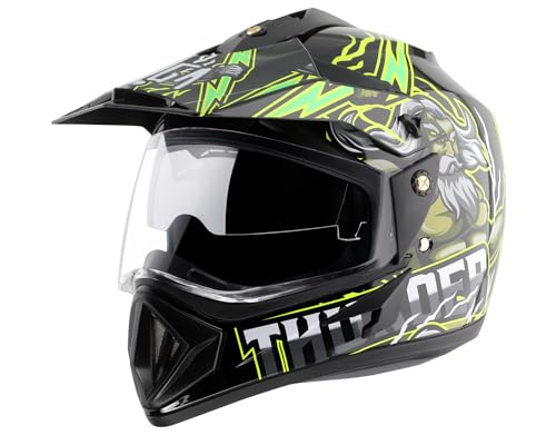 Vega Off Road D/V Thunder ISI Certified Gloss Finish Full Face Helmet for Men with Dual Visor and Stylish Peak- Black Green -M
