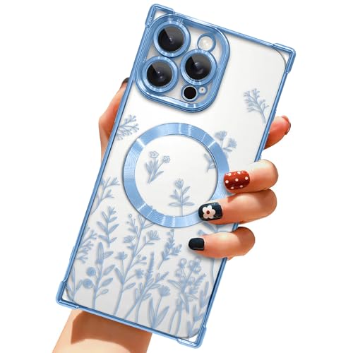 Coque iPhone 16 Pro Max MagSafe motif floral bleu anti-choc fine