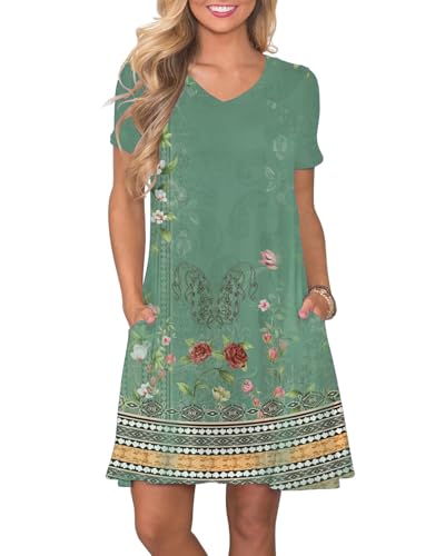 Image of COSSEN Women's Casual T Shirt Dress V-Neck Short Sleeves Swing Dresses Birthday Party Summer Travel Beach with Pocket