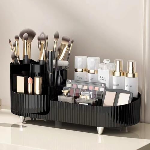 ALOXE Makeup Organisers | 360° Rotating Brush Holder & Elegant Organizer Storage Box for Dressing Table, Skincare, Cosmetics & Accessories (Black)