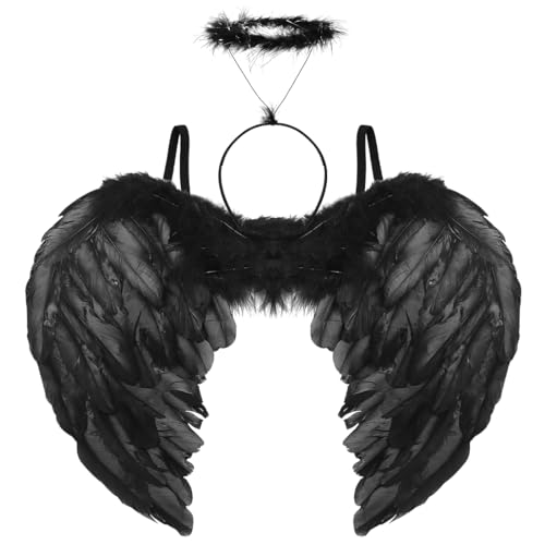 Aurasky Engelsflügel Schwarz mit Heiligenschein, Teufel Kostüm Damen, Schwarzer Engel Kostüm, Angel Wings für Erwachsene Halloween Karneval Maskerade Fasching Party Cosplay Aurasky Engelsflügel Schwarz mit Heiligenschein, Teufel Kostüm Damen, Schwarzer Engel Kostüm, Angel Wings für Erwachsene Halloween Karneval Maskerade Fasching Party Cosplay