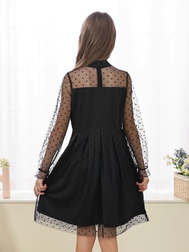 GORLYA Girls Polka Dot Mesh Long Sleeve Contrast Mock Turtleneck A-line Formal Party Tulle Dress 6-16Y2