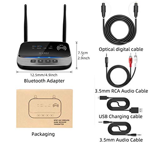 Bluetooth 5.0 Transmitter, MANLI 3 in 1 Bluetooth Transmitter Receiver 265FT Long Range for PC,Car/TV/Home Stereo System, Support Low Latency, Optical RCA AUX 3.5mm