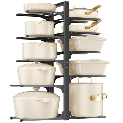 Image of MUDEELA 10-Tier Pots and Pans Organizer under Cabinet, 23.62 inch Height Heavy Duty Pot and Pan Organizer Kitchen Cabinet Organization and Storage, Adjustable Pot Rack for Frying Pan, Cast Iron Skillet