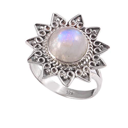 Bague en argent pour femmes 925 avec cabochon rond arc-en-ciel blanc taille 8