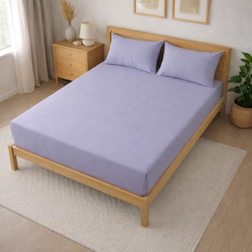 Image of THE HOME STYLE Solid Plain Cotton Feel Fitted Bedsheet (72x78 inches) with Reversible Comforter (90x100 inches) | King Size | 2 Pillow Covers | 300 TC | 4-Piece Bedding Set (Lavender)