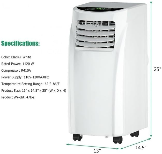 8000BTU Portable Air Conditioner – Cool Dehumidify Circulate Air 2-Speed Sleep Mode Washable Filter LED Remote Control Timer