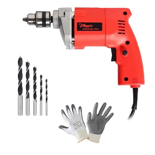Image of Hillgrove HGCM1111M3 500W Power Drill Machine with Gloves, 5Pcs Wood Drill Bits for Making Holes in Metal /Wood /Concrete Pistol Grip Drill (10 mm Chuck Size)