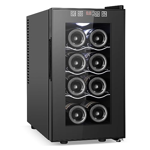 8 Bottles Wine Cooler Refrigerator, Small Wine Fridge, Mini Wine Fridge Countertop with Glass Door Wine Cellars for Red Wine, Champagne, Dry White Wine, Sparkling Wines