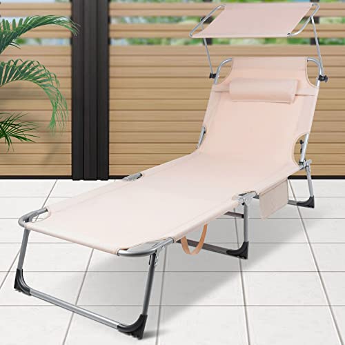 Soontrans Tumbona con Parasol, Tumbonas Jardin Exterior con Bolsillo Lateral y Reposacabezas y Asas de Transporte, Extra Ancho, Tumbona Plegable Fácil de Transportar, 193 x 67,5 x 29 cm (Beige)