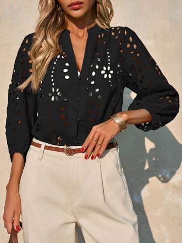 Tankaneo Womens Deep V Neck Eyelet Blouses 3/4 Balloon Sleeve Button Down Hollow Out Fall Shirts3
