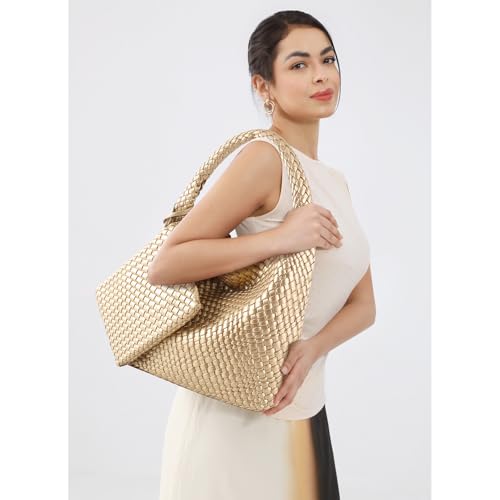 Image of Woven Bag for Women Vegan Leather Tote Bag Large Summer Beach Travel Handbag and Purse Retro Handwoven Shoulder Bag