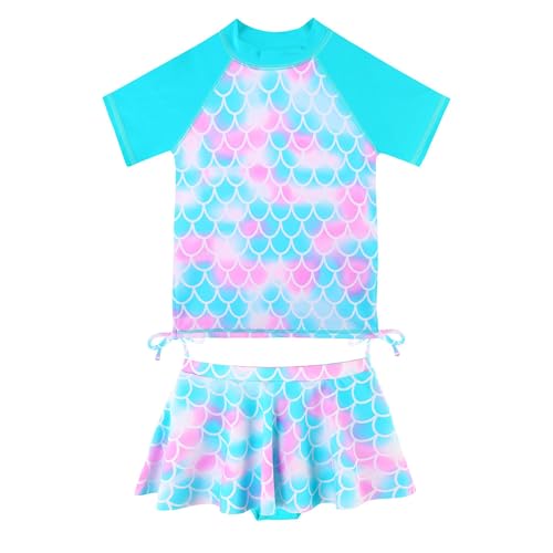 Image of BAOHULU Girls Two Piece Swimsuits Rash Guard Ruffle Bikini Skirt Short Sleeves Beach Dress Swimwear UPF 50+ 3-12Y