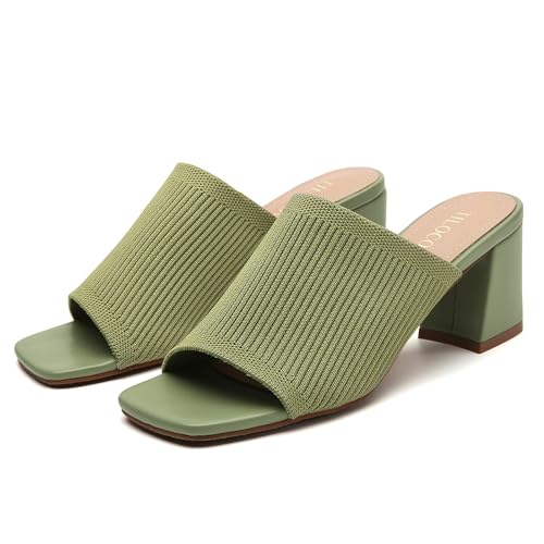 Image of Tilocow Knit Heeled Sandals for Women Square Open Toe Heeled Mules Chunky Block Low Heel Slip On Slides