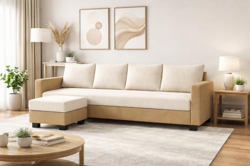Image of SOCOZI Braven 5 Seater L Shape Sofa Set with Movable Ottoman | Flexible Layout | Soft Velvet Suede Fabric | Modern Design | Plush Comfort Cushions for Living Room (Beige-Cream)