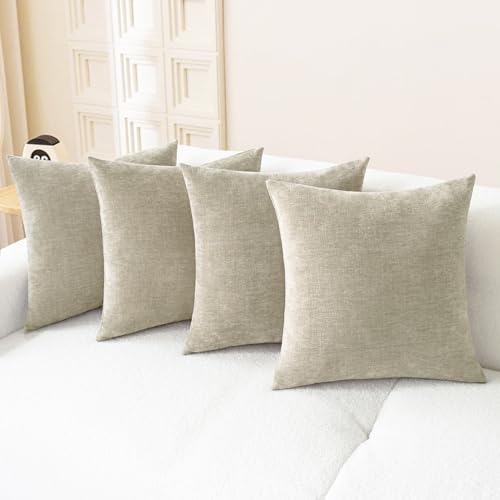 Image of CaliTime Throw Pillow Covers Decorative 18 X 18 Inches Pack of 4 Cozy Chenille Cushion Cases for Couch Sofa Bed Living Room Home Light Taupe