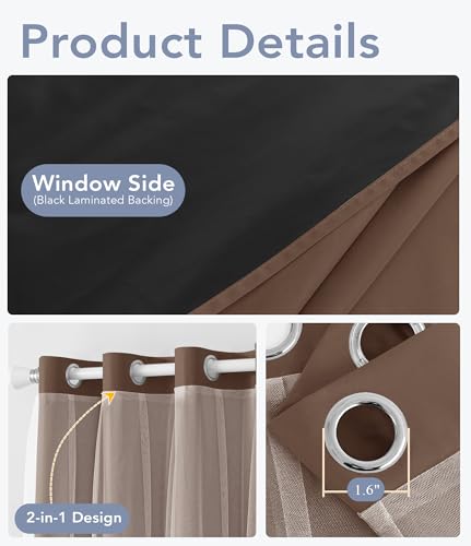 Image of 100% Blackout Curtains with Sheer Overlay, Brown, 52 x 63 inch, 2 Panels | For Bedroom Living Room Window, Room Darkening, Thermal Insulated, Grommet Top, Summer Heat Blocking, Double Layer Design