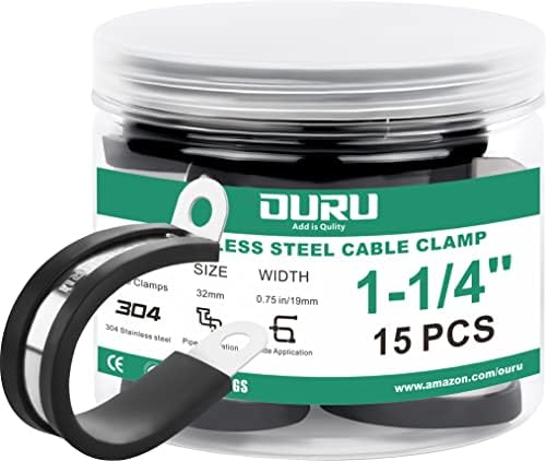 OURU 15pcs 1-1/4 Inch Stainless Steel Cable Clamps,Rubber Coated Cushioned Insulated Cable Clamp,Automotive Cable Wire Clamps,Pipe Clamps,Metal Clamp for Tube,Lines,Wire Cord Installation(Black,32mm)