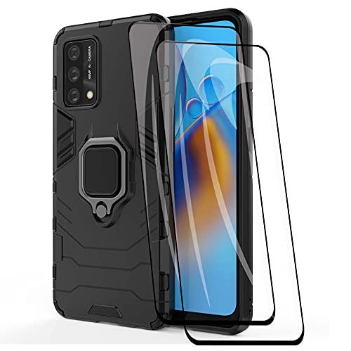 WEIOU Funda para OPPO A74 4G + 2 Cristal Templado, Carcasa TPU Silicona y PC Shock- Absorción Bumper Caso, Protectora Case con 360° Anillo Kickstand, Negro