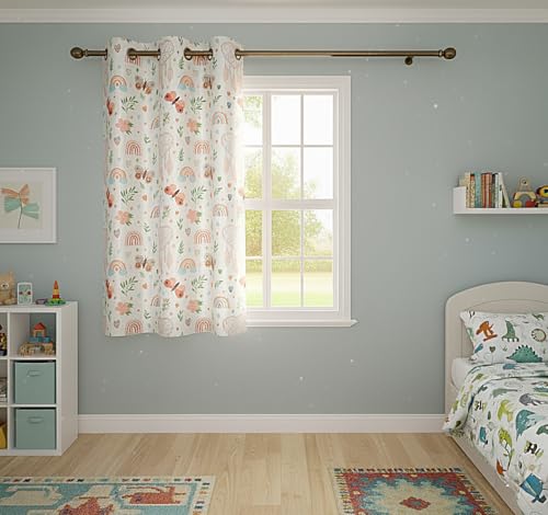 Image of 3D Printed Kids Room Curtains for Play School, Kids Bedroom Curtain Panel (1 Panel, 4X5 Feet) Butterfly Rainbow Curtain for Kids Room Girls Room, Window 5 ft Beige Color Parde
